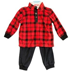Carter's Red & Black Buffalo Plaid Fleece Top with Black Jogger Pants Set Sz 12M